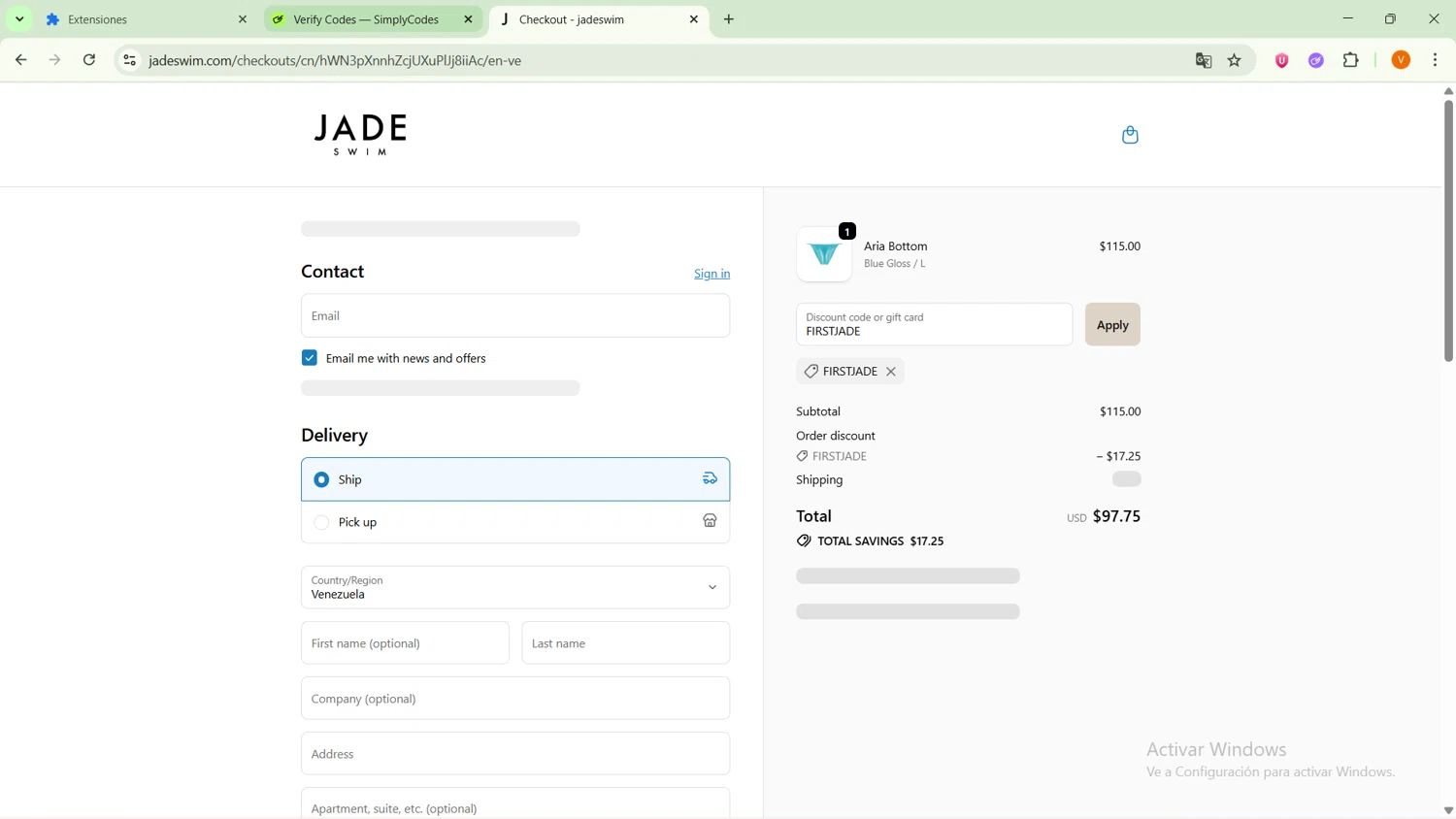 Jade Swim promo code screenshot showing code FIRSTJADE applied at Jade Swim checkout page. Uploaded by SimplyCodes community member GoldFox1696 on Oct 7, 2025