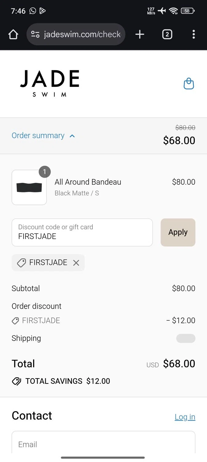 Jade Swim promo code screenshot showing code FIRSTJADE applied at Jade Swim checkout page. Uploaded by SimplyCodes community member Shadowking on Jul 14, 2025