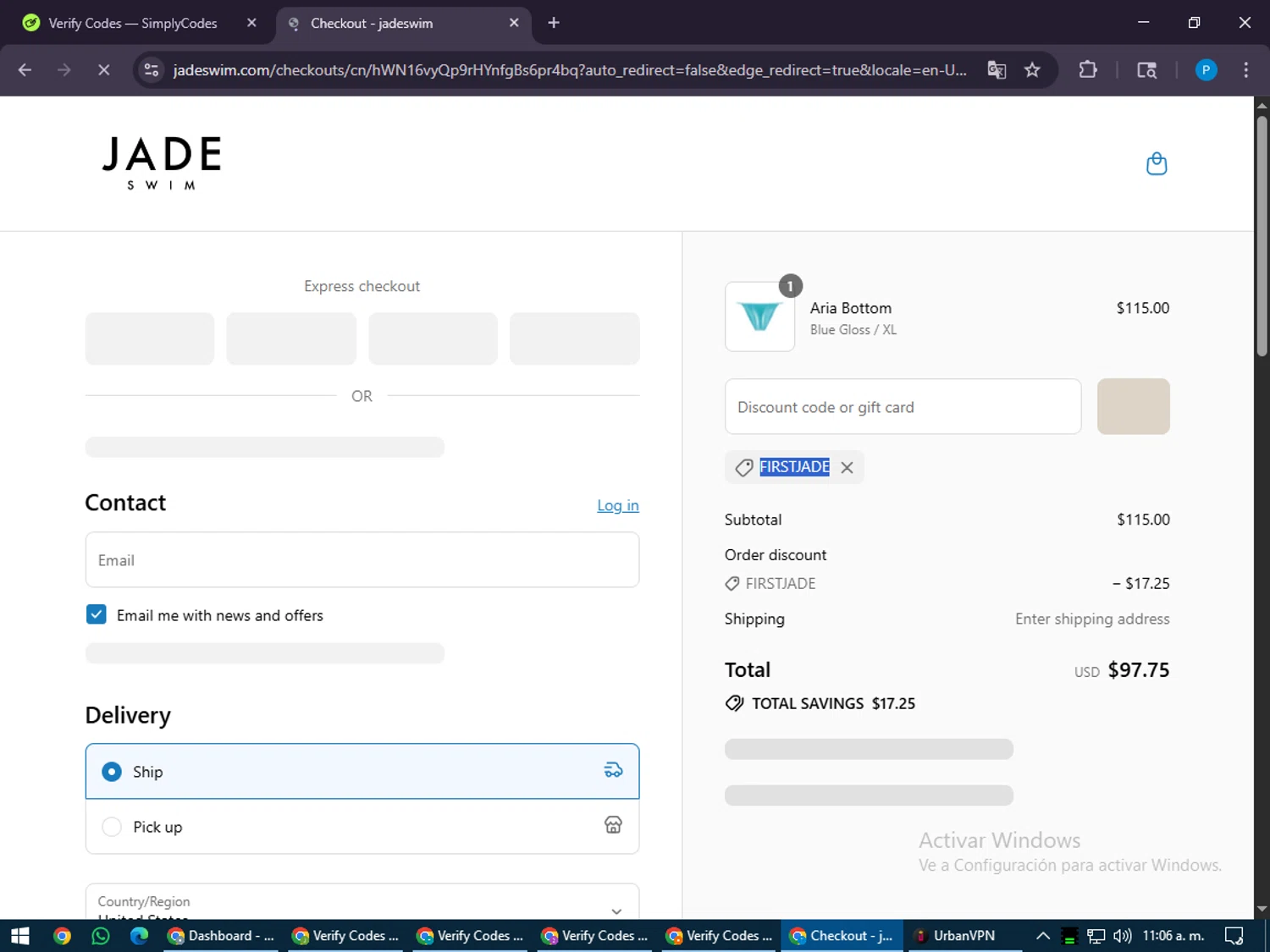 Jade Swim promo code screenshot showing code FIRSTJADE applied at Jade Swim checkout page. Uploaded by SimplyCodes community member juiceWRLD on Jul 27, 2025