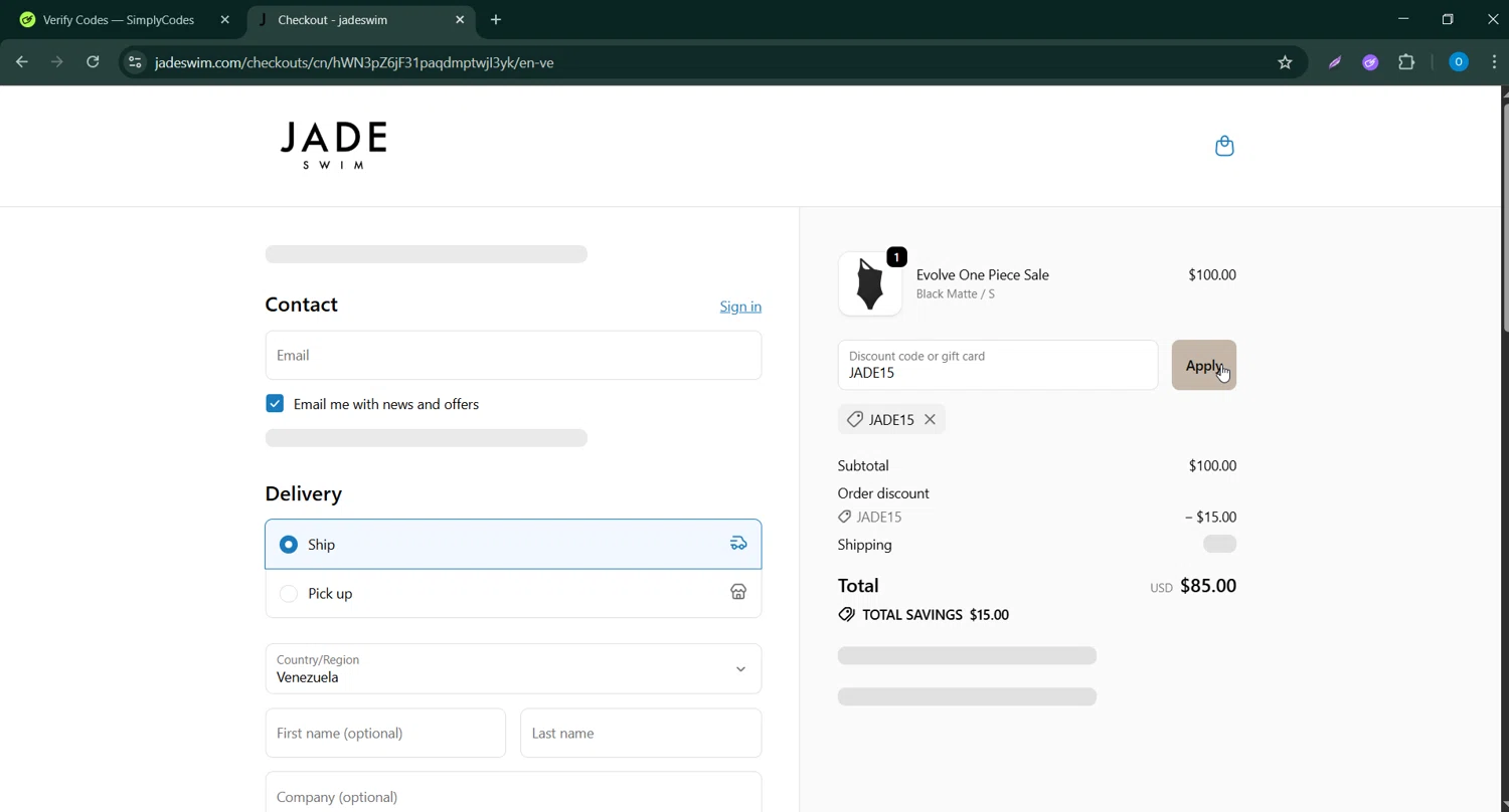Jade Swim promo code screenshot showing code JADE15 applied at Jade Swim checkout page. Uploaded by SimplyCodes community member CodeScholar4340 on Oct 7, 2025
