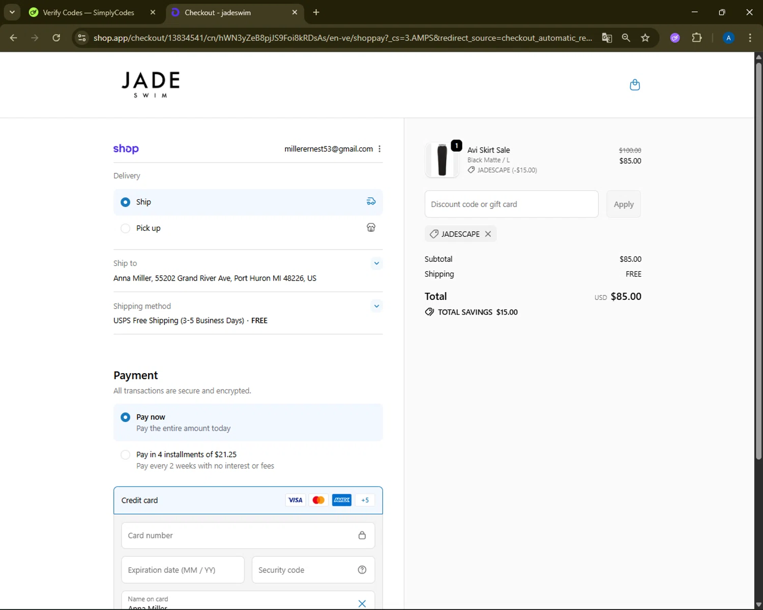 Jade Swim promo code screenshot showing code JADESCAPE applied at Jade Swim checkout page. Uploaded by SimplyCodes community member ShrewdMaestro6940 on Oct 11, 2025