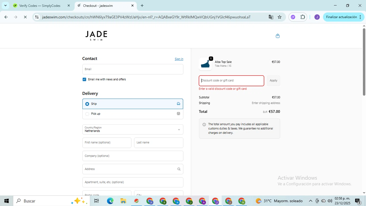 Jade Swim promo code screenshot showing code CYBERWEEK applied at Jade Swim checkout page. Uploaded by SimplyCodes community member PromoHunter9043 on Dec 23, 2025