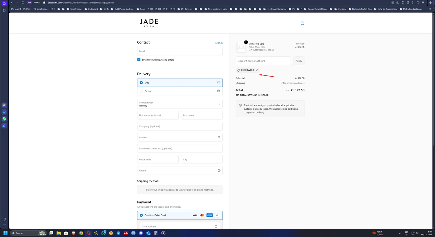 Jade Swim promo code screenshot showing code CYBERWEEK applied at Jade Swim checkout page. Uploaded by SimplyCodes community member UnkNownVnzla on Dec 4, 2025