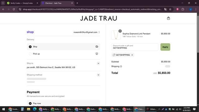 Jade Trau checkout page showing Jade Trau promo code box | Screenshot taken by SimplyCodes community member on Aug 29, 2025