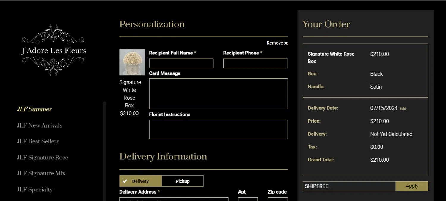 J’Adore Les Fleurs checkout page showing J’Adore Les Fleurs promo code box | Screenshot taken by SimplyCodes community member on Jul 15, 2024