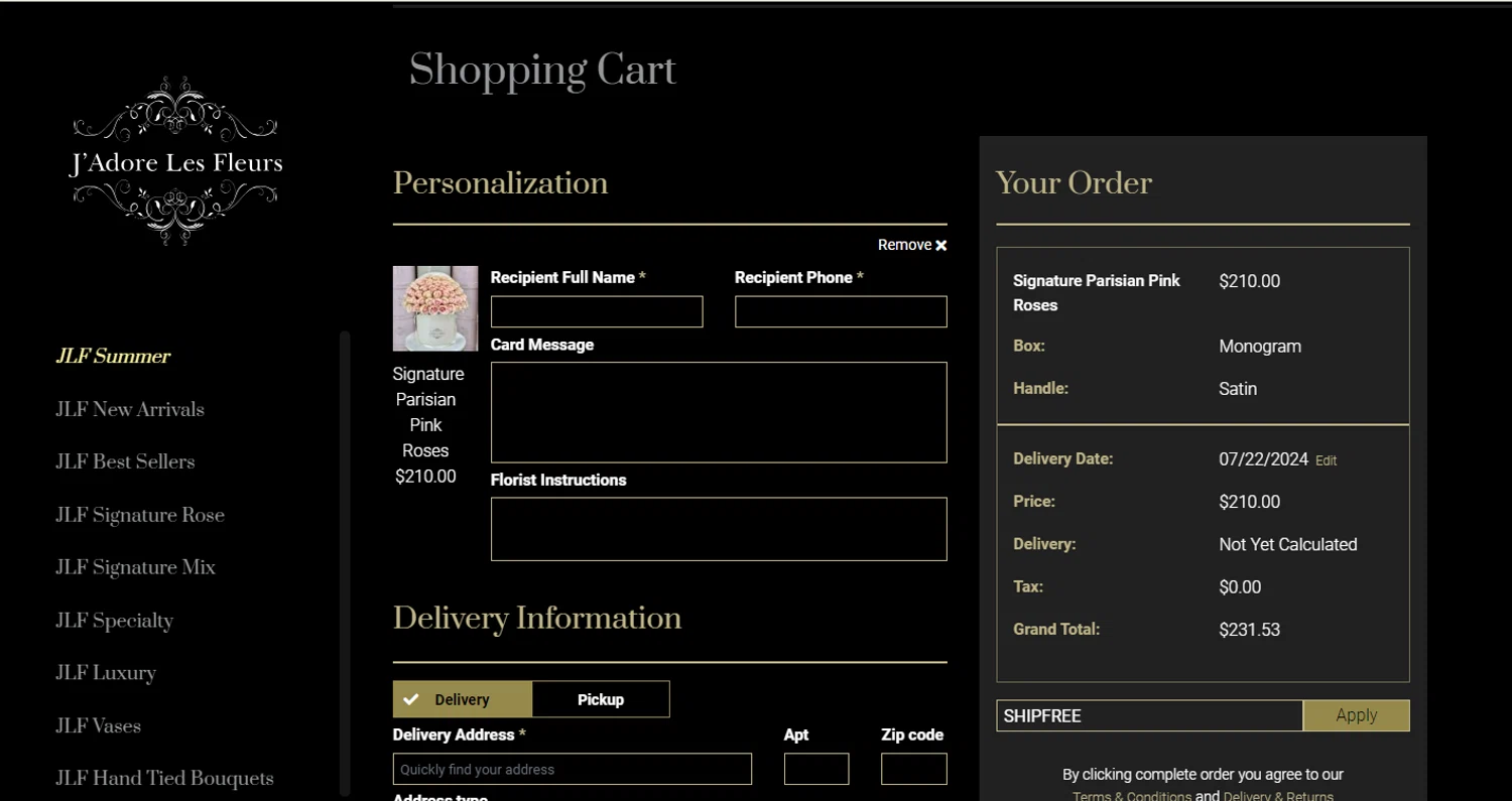 J’Adore Les Fleurs checkout page showing J’Adore Les Fleurs promo code box | Screenshot taken by SimplyCodes community member on Jul 22, 2024