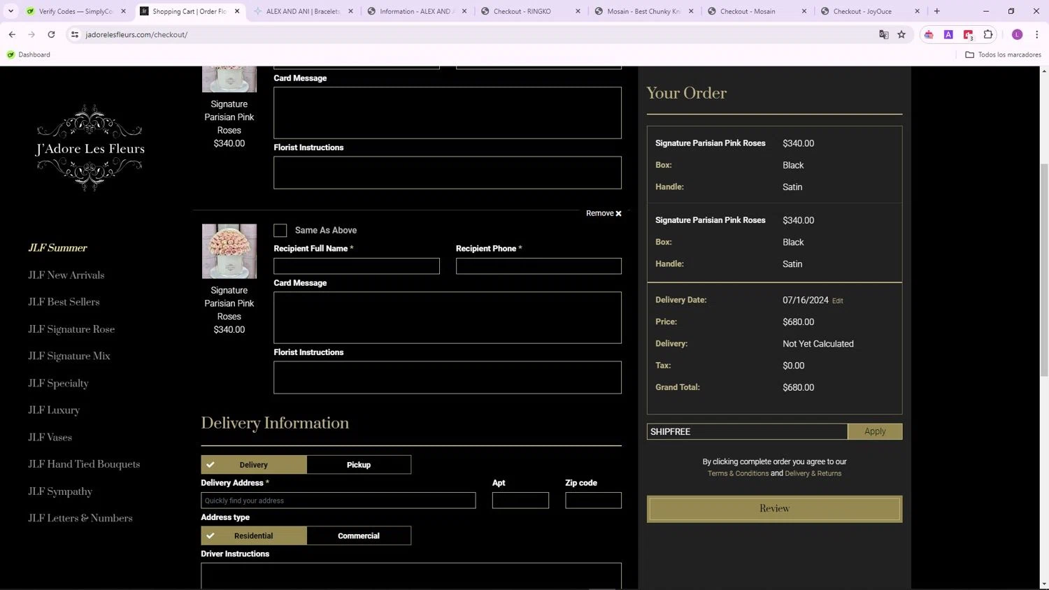 J’Adore Les Fleurs checkout page showing J’Adore Les Fleurs promo code box | Screenshot taken by SimplyCodes community member on Jul 15, 2024