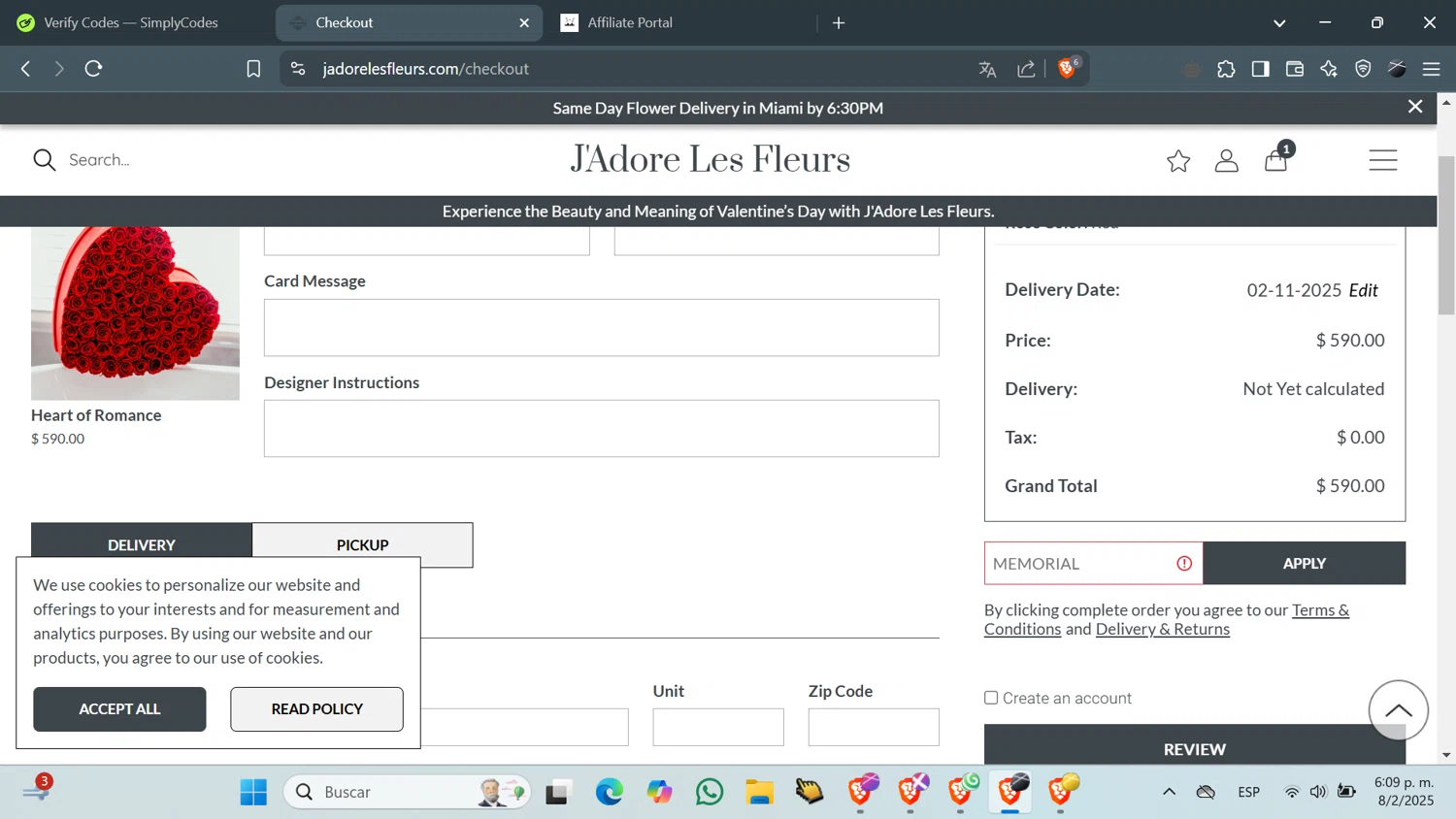 J’Adore Les Fleurs promo code screenshot showing code MEMORIAL applied at J’Adore Les Fleurs checkout page. Uploaded by SimplyCodes community member QuestFinder8736 on Feb 8, 2025
