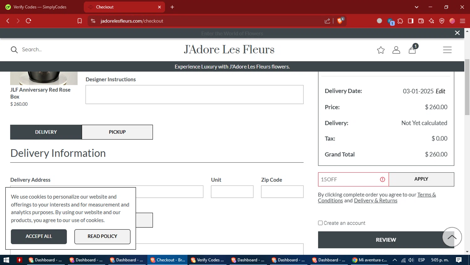 J’Adore Les Fleurs promo code screenshot showing code 15OFF applied at J’Adore Les Fleurs checkout page. Uploaded by SimplyCodes community member VictoriousCaptain7627 on Mar 1, 2025