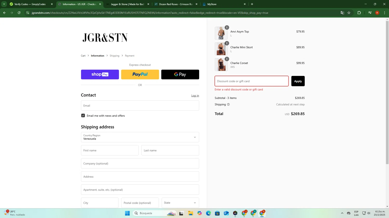 Jagger & Stone promo code screenshot showing code JGRVIP applied at Jagger & Stone checkout page. Uploaded by SimplyCodes community member RubiDg on Feb 23, 2025