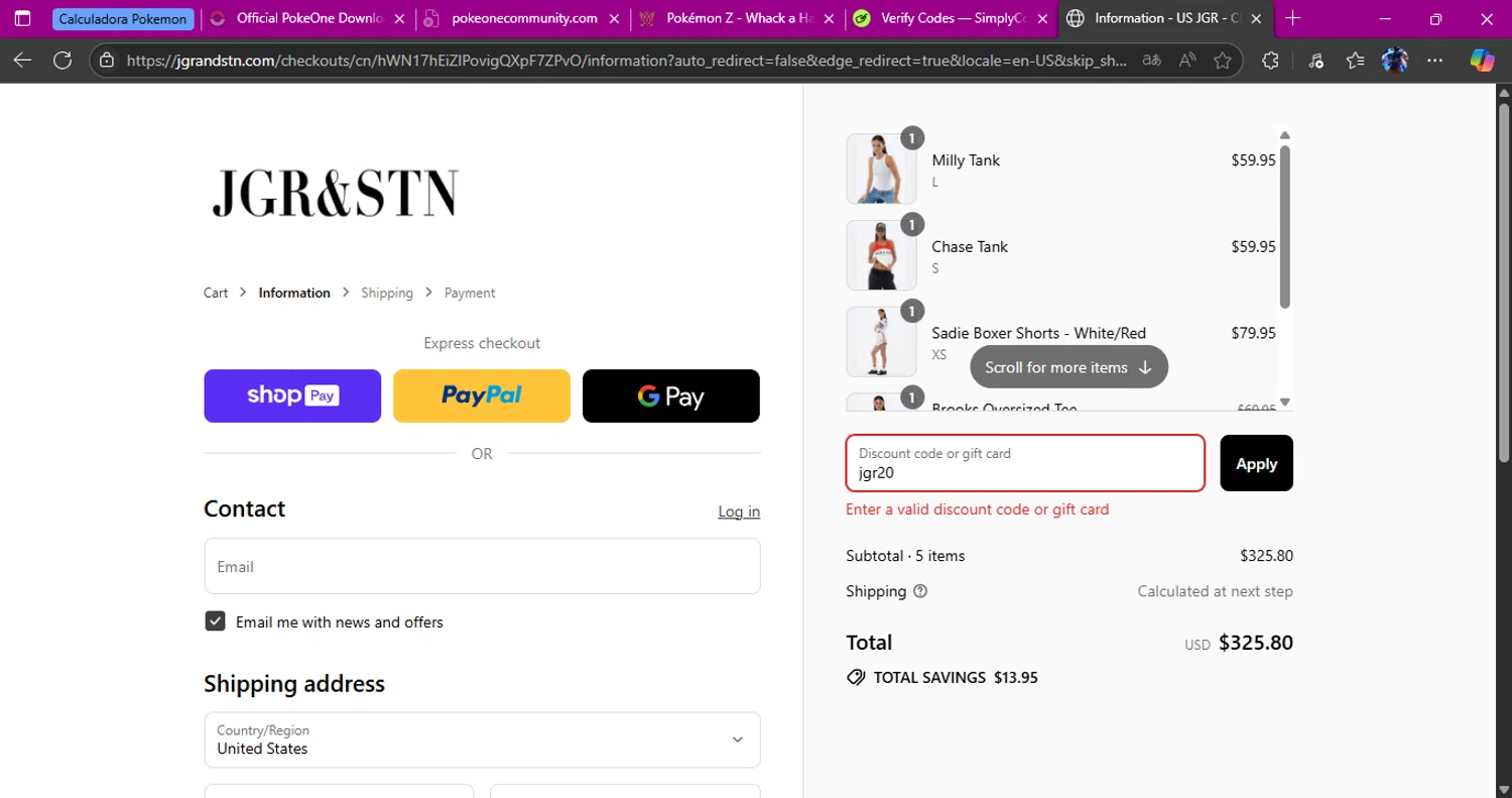 Jagger & Stone promo code screenshot showing code jgr20 applied at Jagger & Stone checkout page. Uploaded by SimplyCodes community member Alichi04 on Jul 27, 2025
