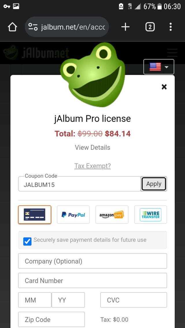 Jalbum checkout page showing Jalbum promo code box | Screenshot taken by SimplyCodes community member on Nov 1, 2023