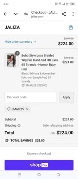 EMAIL25 coupon verification screenshot