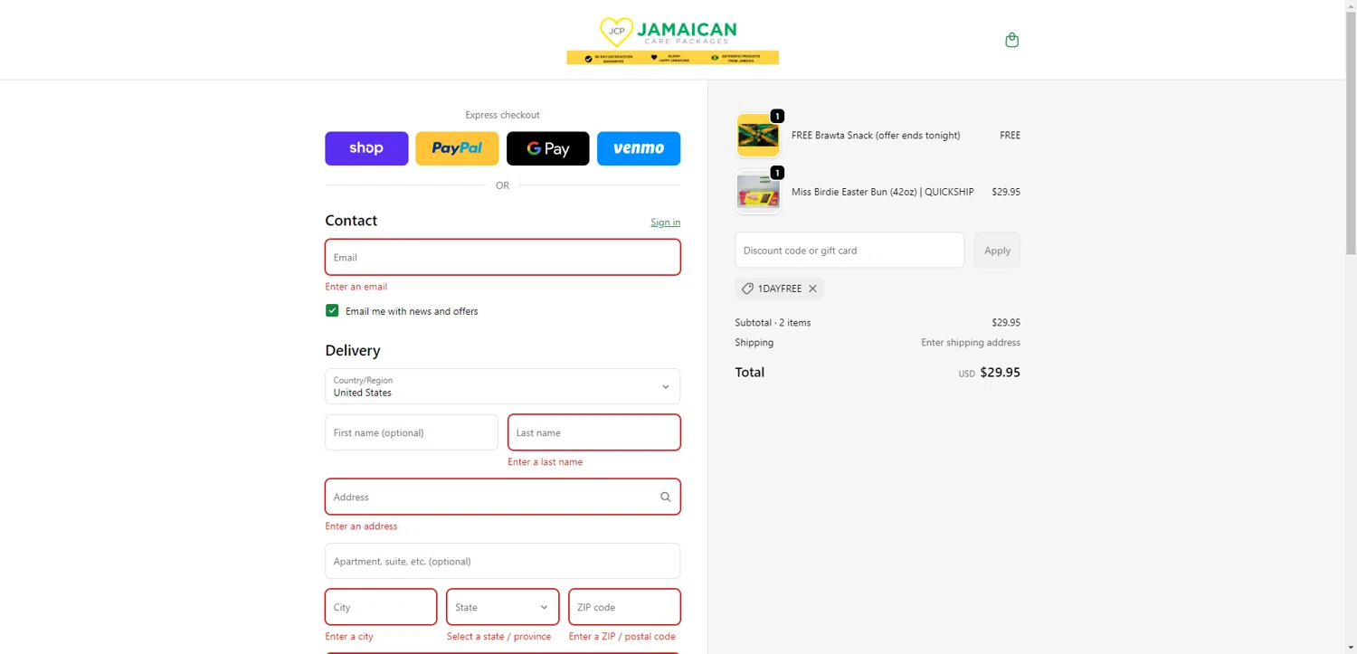 Jamaican Care Packages promo code screenshot showing code 1dayfree applied at Jamaican Care Packages checkout page. Uploaded by SimplyCodes community member ValiantAce1810 on Feb 19, 2026