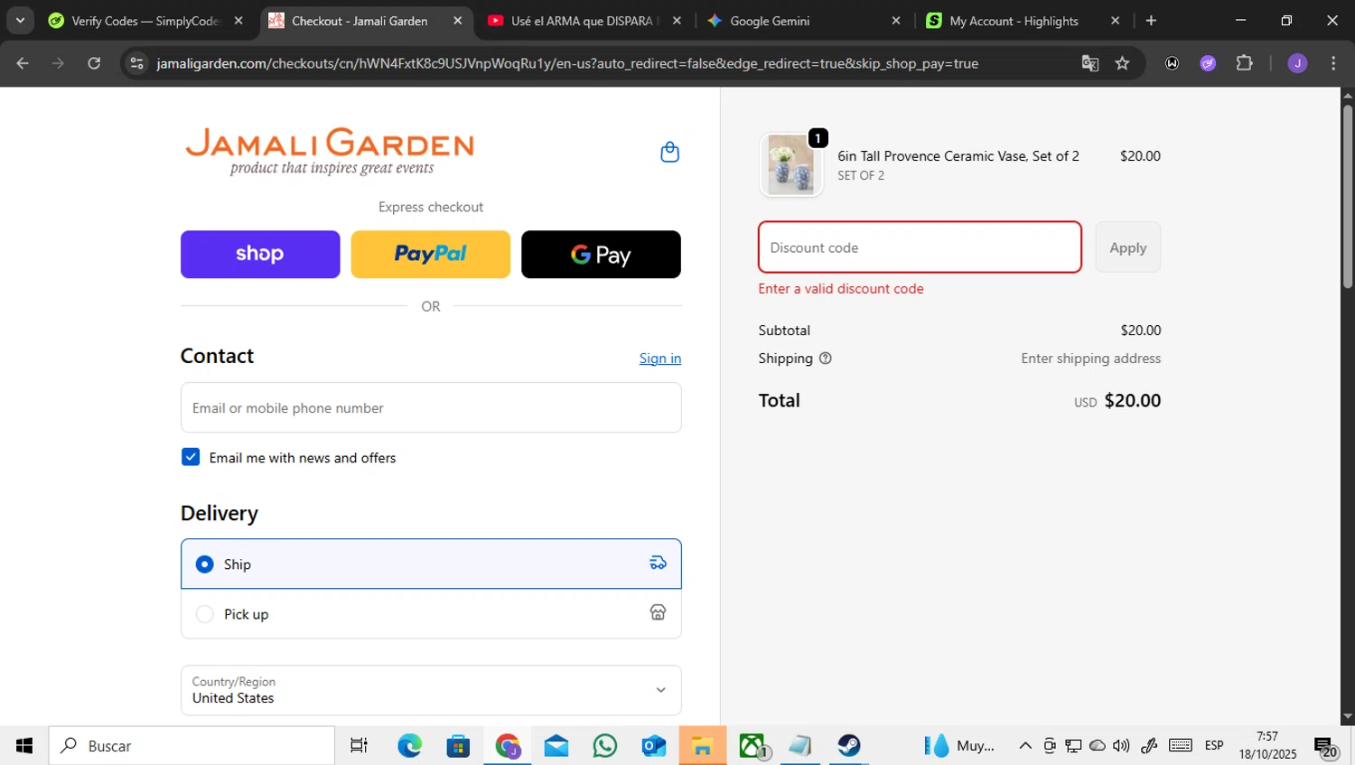 JamaliGarden promo code screenshot showing code design725 applied at JamaliGarden checkout page. Uploaded by SimplyCodes community member ENCARAMESSI on Oct 18, 2025