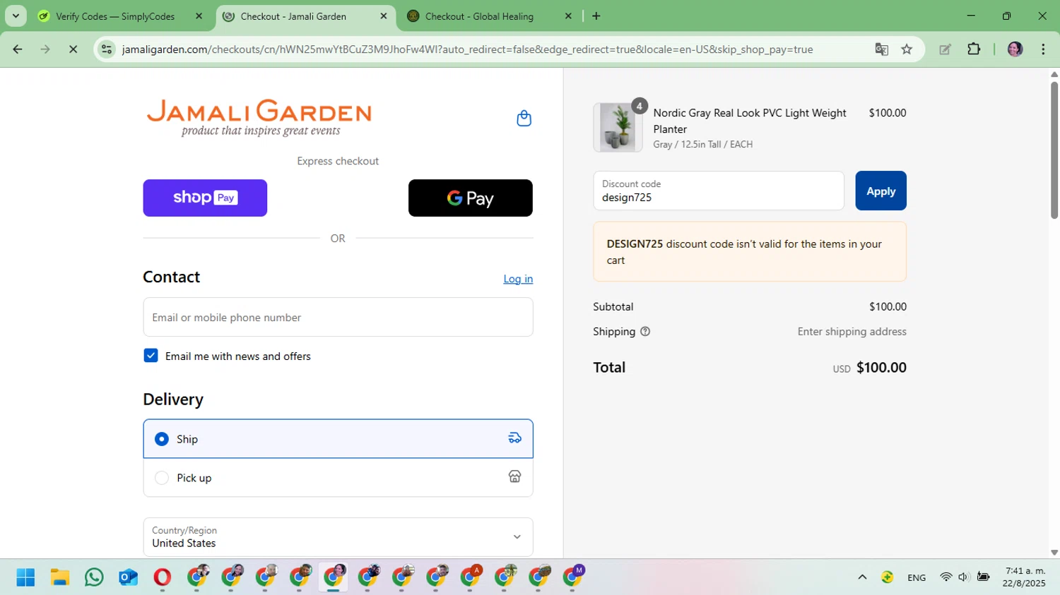 JamaliGarden promo code screenshot showing code design725 applied at JamaliGarden checkout page. Uploaded by SimplyCodes community member Mari_perez on Aug 22, 2025