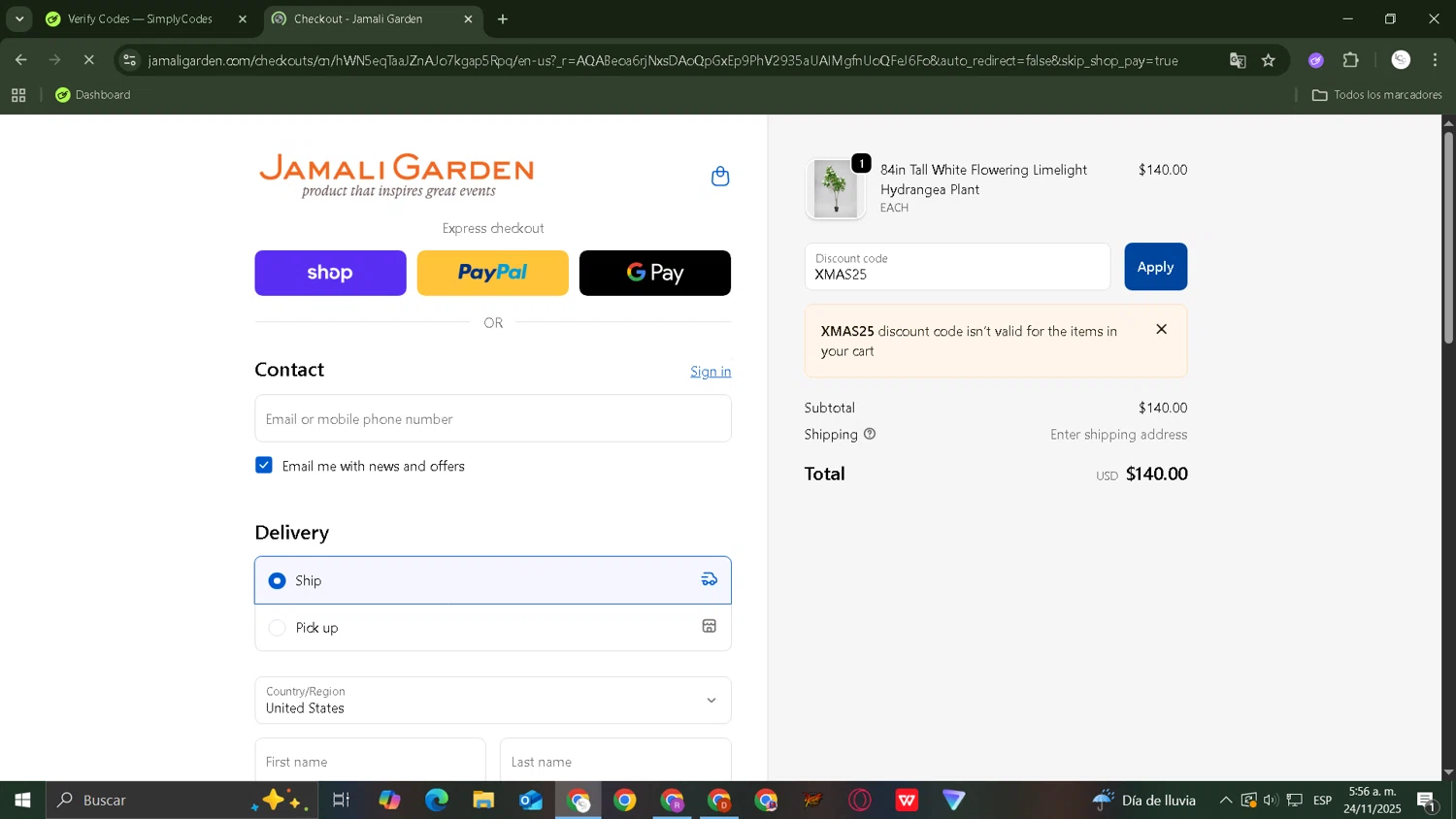 JamaliGarden checkout page showing JamaliGarden promo code box | Screenshot taken by SimplyCodes community member on Nov 24, 2025
