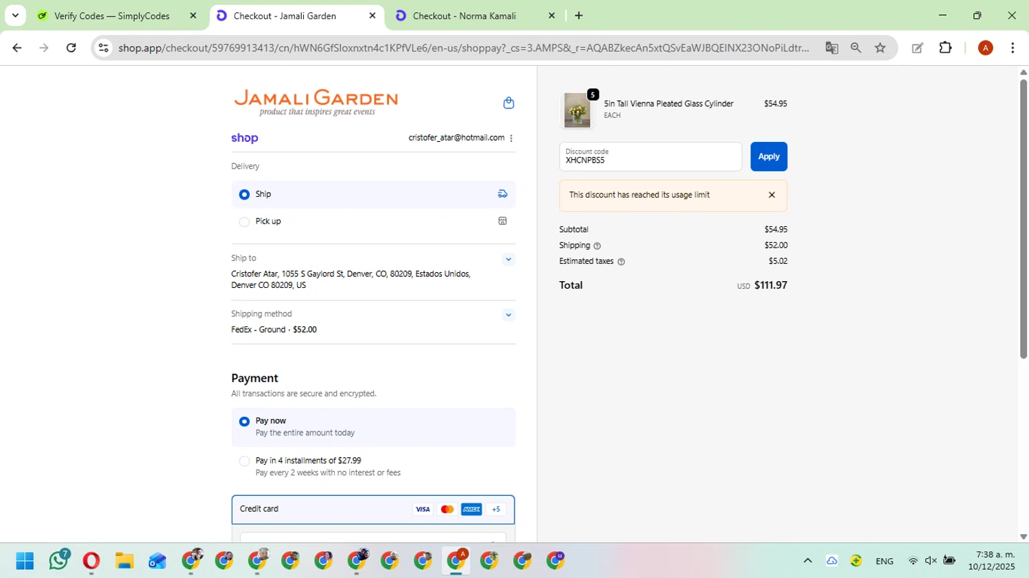 JamaliGarden promo code screenshot showing code XHCNPBS5 applied at JamaliGarden checkout page. Uploaded by SimplyCodes community member FundoKadmiel on Dec 10, 2025