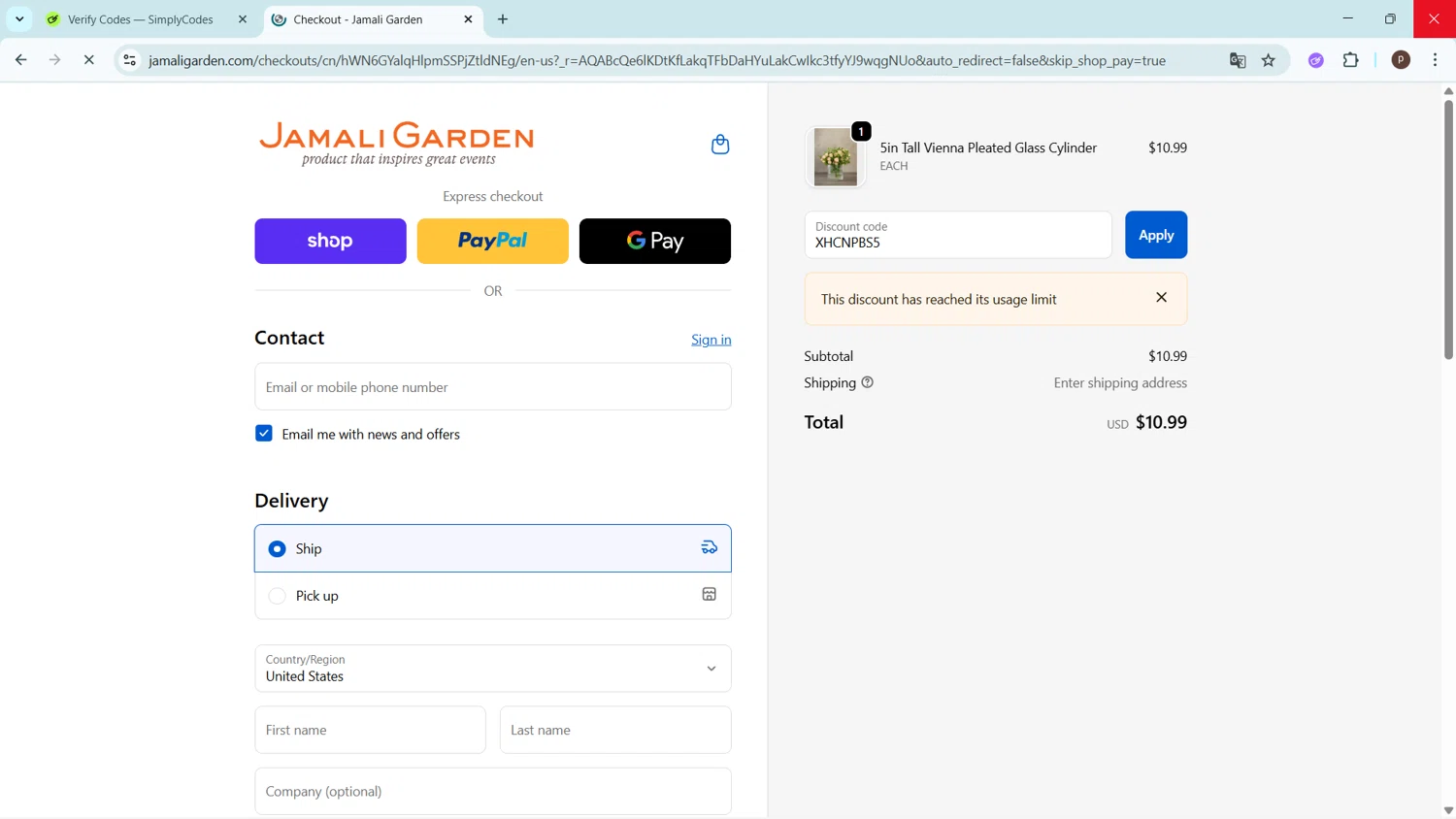 JamaliGarden promo code screenshot showing code XHCNPBS5 applied at JamaliGarden checkout page. Uploaded by SimplyCodes community member ShrewdPro2243 on Dec 10, 2025