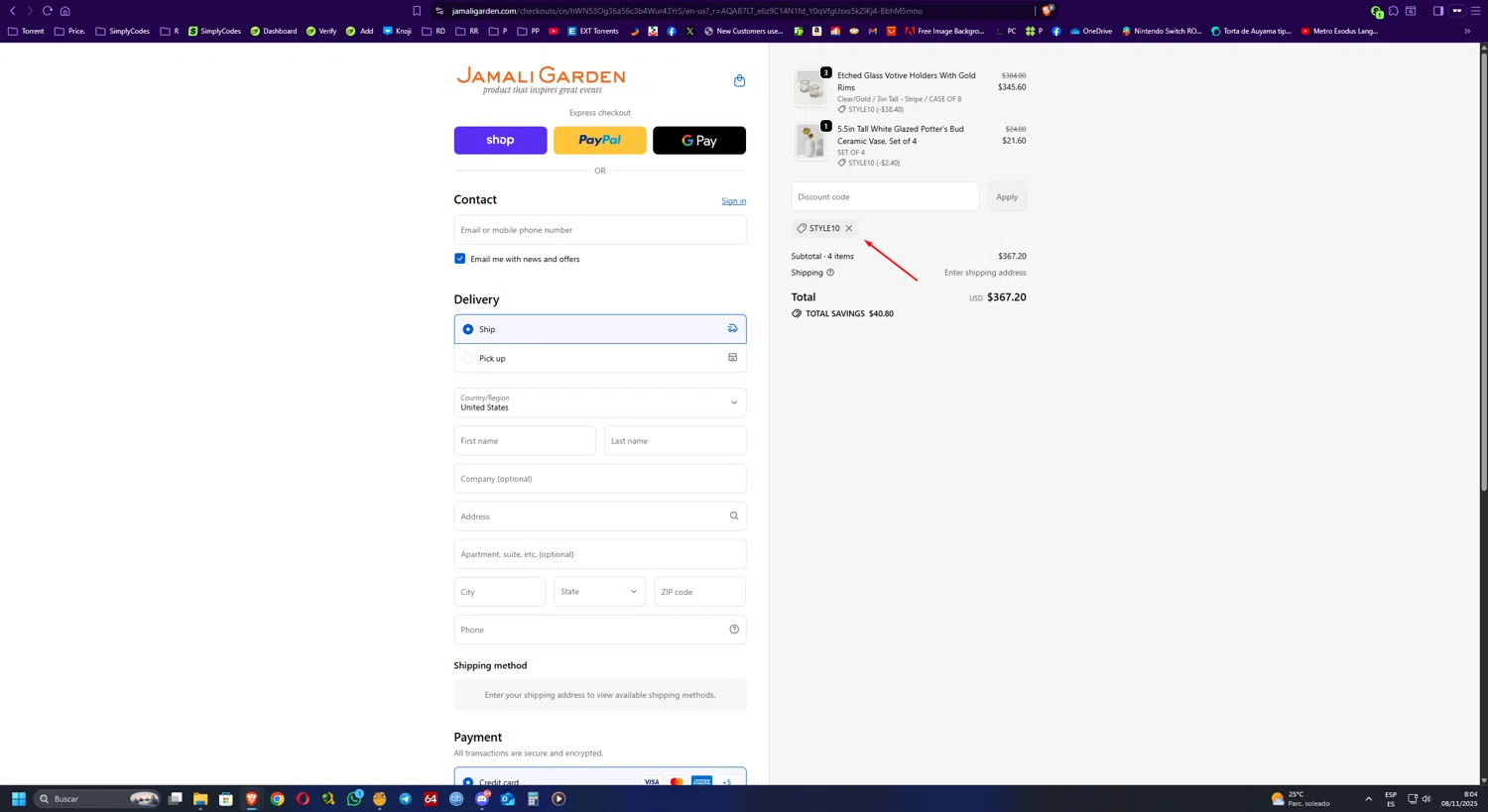 JamaliGarden promo code screenshot showing code STYLE10 applied at JamaliGarden checkout page. Uploaded by SimplyCodes community member UnkNownVnzla on Nov 8, 2025