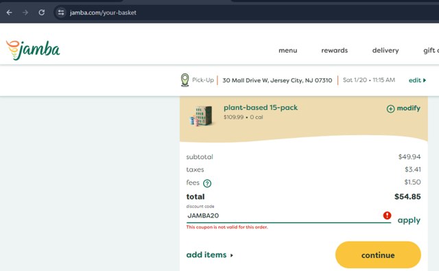 Jamba checkout page showing Jamba coupon code box | Screenshot taken by SimplyCodes community member on Jan 20, 2024
