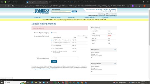 Jameco Electronics checkout page showing Jameco Electronics promo code box | Screenshot taken by SimplyCodes community member on Sep 4, 2024