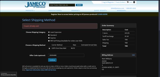 Jameco Electronics checkout page showing Jameco Electronics promo code box | Screenshot taken by SimplyCodes community member on Sep 10, 2024
