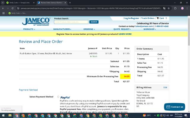Jameco Electronics checkout page showing Jameco Electronics promo code box | Screenshot taken by SimplyCodes community member on Dec 11, 2024