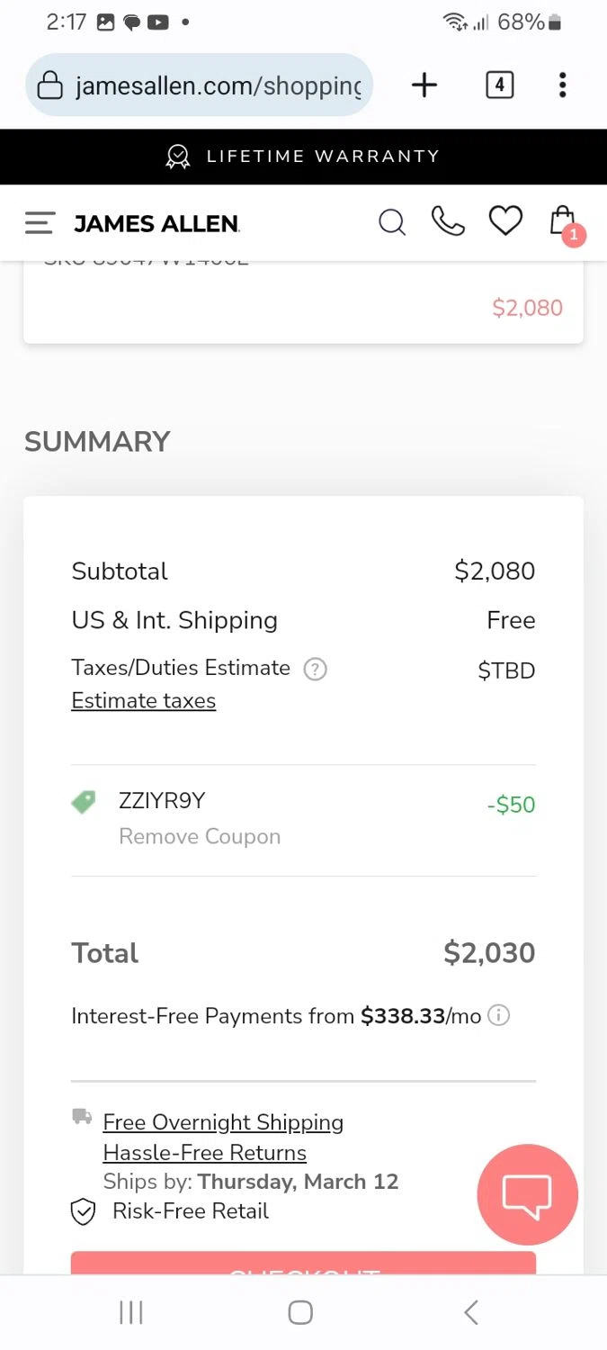 James Allen promo code screenshot showing code ZZIYR9Y applied at James Allen checkout page. Uploaded by SimplyCodes community member ScanMaverick9378 on Feb 20, 2026