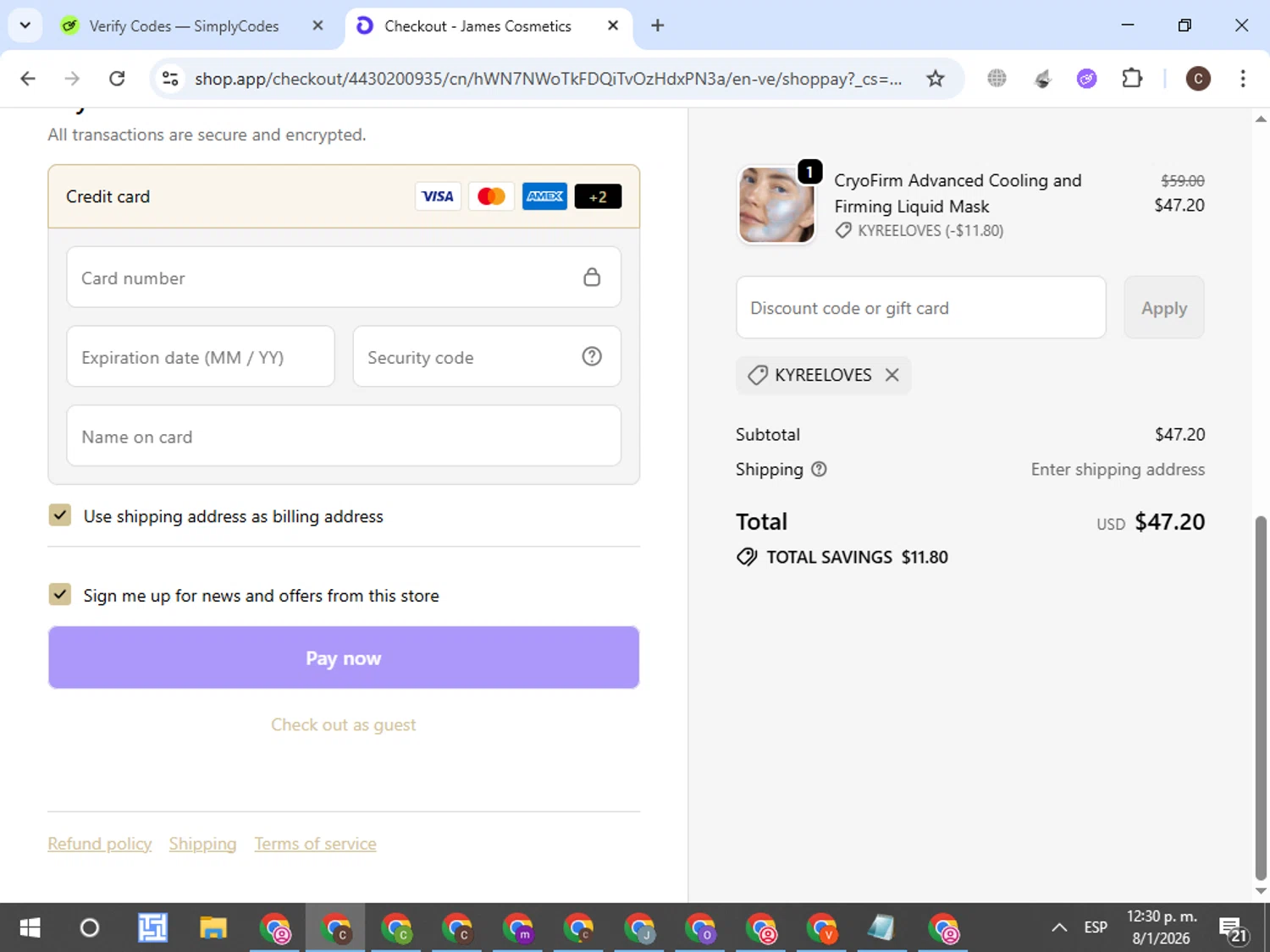 James Cosmetics AU checkout page showing James Cosmetics AU promo code box | Screenshot taken by SimplyCodes community member on Jan 8, 2026