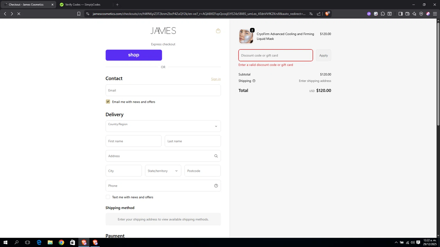 James Cosmetics AU promo code screenshot showing code KYREELOVES applied at James Cosmetics AU checkout page. Uploaded by SimplyCodes community member miguel02 on Dec 29, 2025