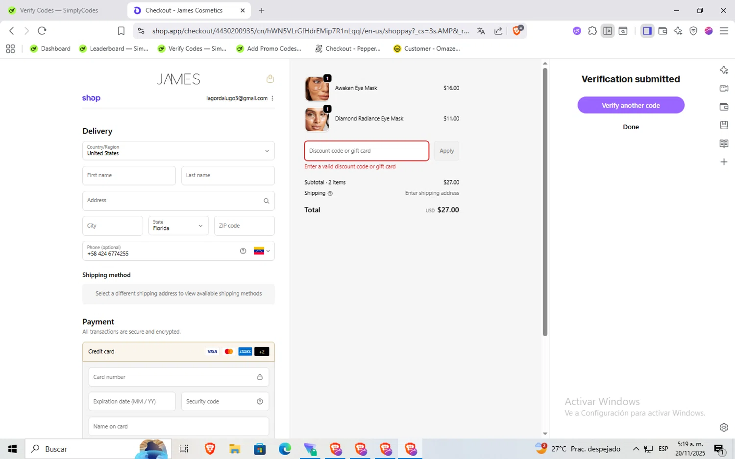 James Cosmetics AU promo code screenshot showing code VIP15 applied at James Cosmetics AU checkout page. Uploaded by SimplyCodes community member Rayyyyyy on Nov 20, 2025