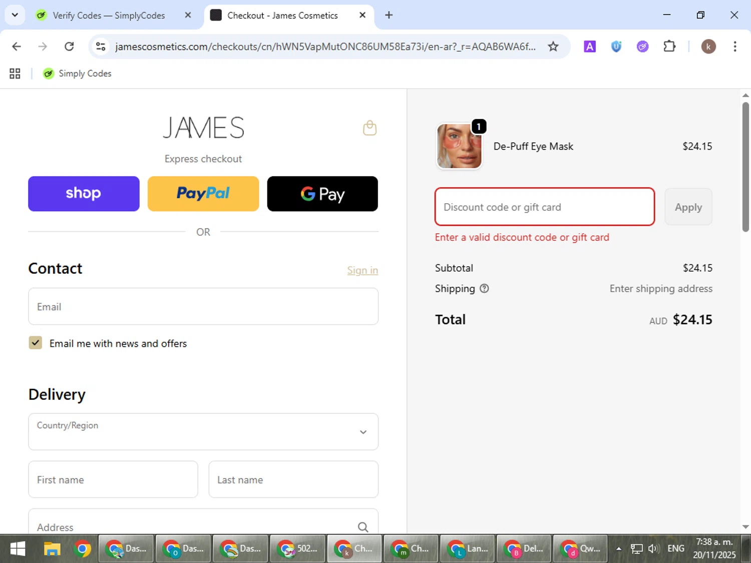 James Cosmetics AU promo code screenshot showing code VIP15 applied at James Cosmetics AU checkout page. Uploaded by SimplyCodes community member RewardRanger298 on Nov 20, 2025