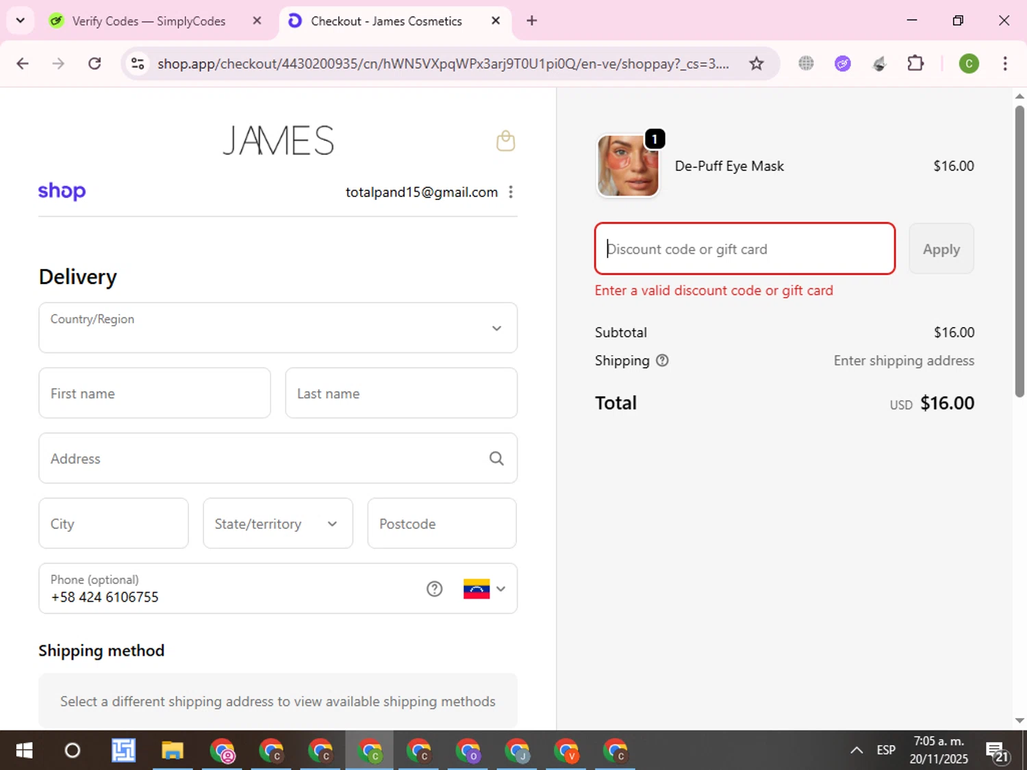 James Cosmetics AU promo code screenshot showing code VIP15 applied at James Cosmetics AU checkout page. Uploaded by SimplyCodes community member RoyalKnight4673 on Nov 20, 2025