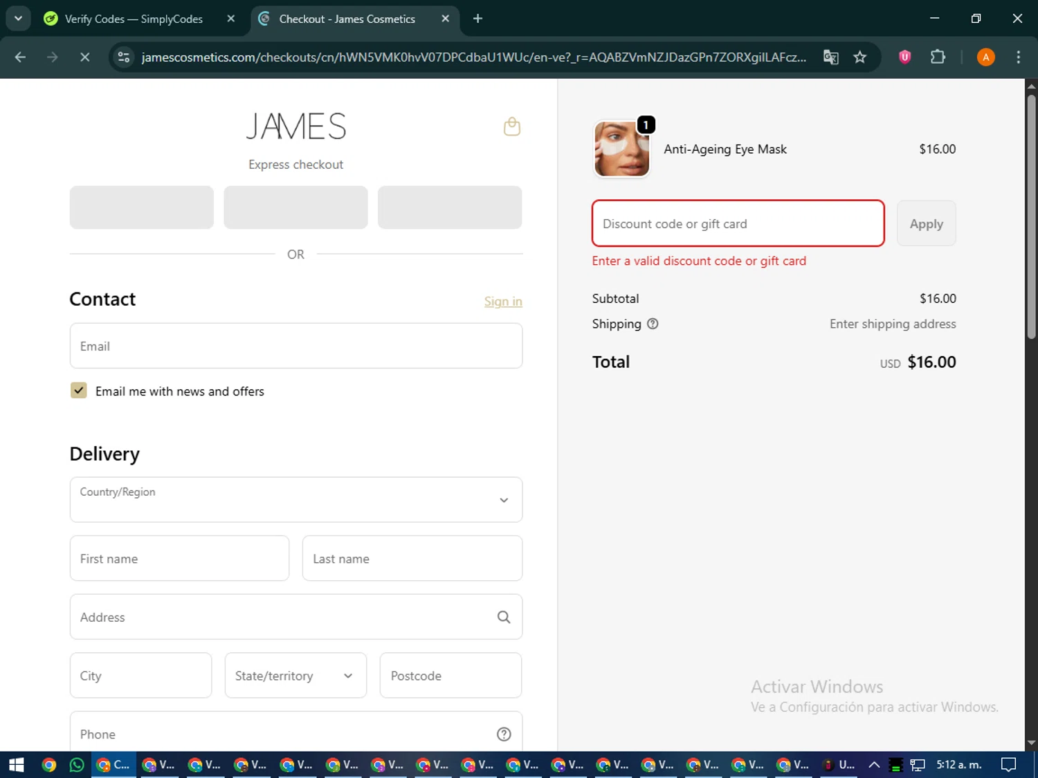 James Cosmetics AU promo code screenshot showing code GEORGIA20 applied at James Cosmetics AU checkout page. Uploaded by SimplyCodes community member MoneyPhoenix4664 on Nov 20, 2025