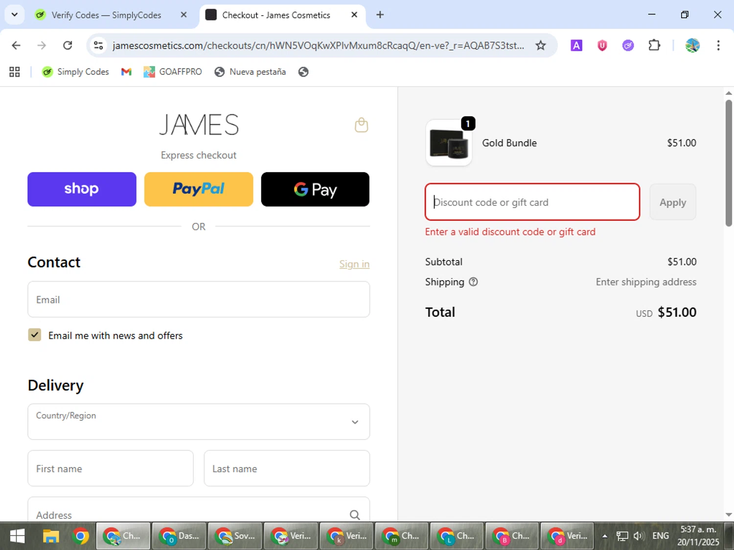 James Cosmetics AU promo code screenshot showing code GEORGIA20 applied at James Cosmetics AU checkout page. Uploaded by SimplyCodes community member ShrewdSpotter4101 on Nov 20, 2025