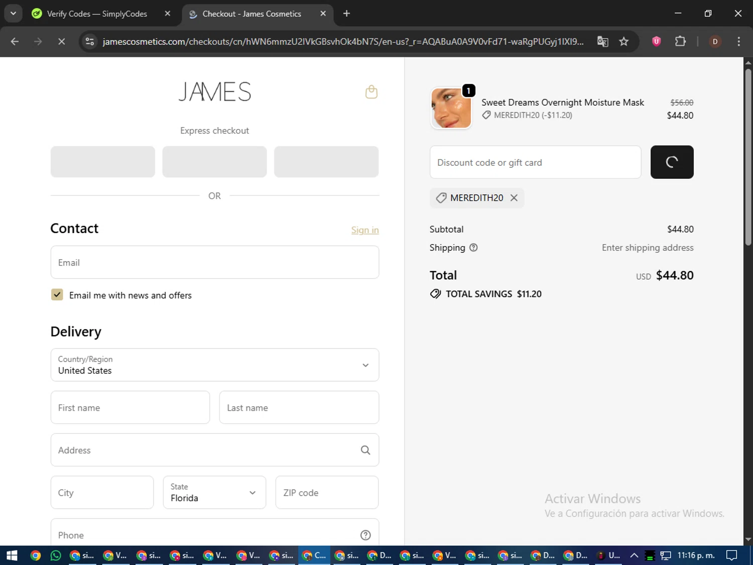 James Cosmetics AU promo code screenshot showing code MEREDITH20 applied at James Cosmetics AU checkout page. Uploaded by SimplyCodes community member liltecca on Dec 24, 2025