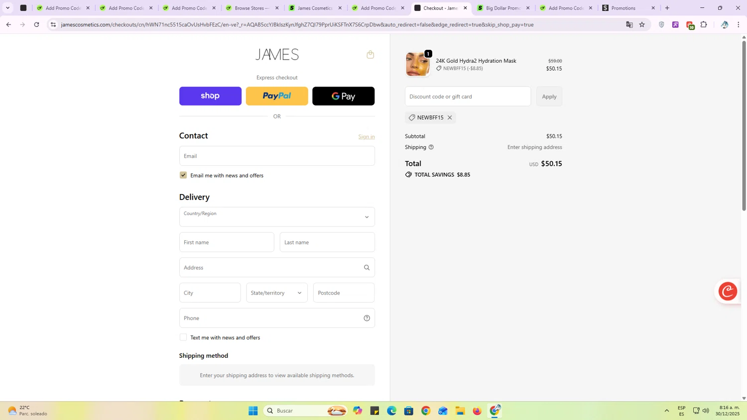 James Cosmetics AU promo code screenshot showing code NEWBFF15 applied at James Cosmetics AU checkout page. Uploaded by SimplyCodes community member OriCarol on Dec 30, 2025