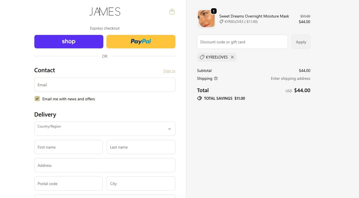 James Cosmetics AU promo code screenshot showing code KYREELOVES applied at James Cosmetics AU checkout page. Uploaded by SimplyCodes community member angelfigueroa2008 on Jan 8, 2026