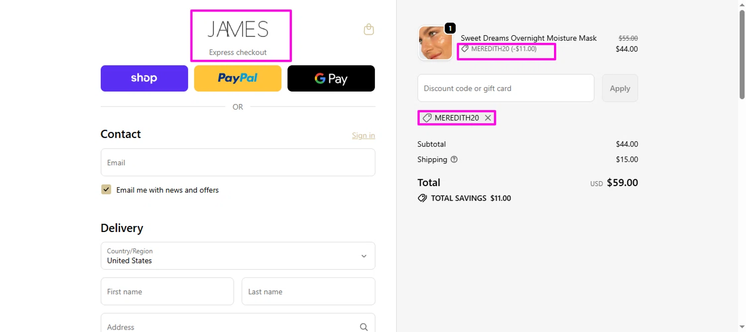 James Cosmetics AU promo code screenshot showing code MEREDITH20 applied at James Cosmetics AU checkout page. Uploaded by SimplyCodes community member mrdarcy on Dec 4, 2025