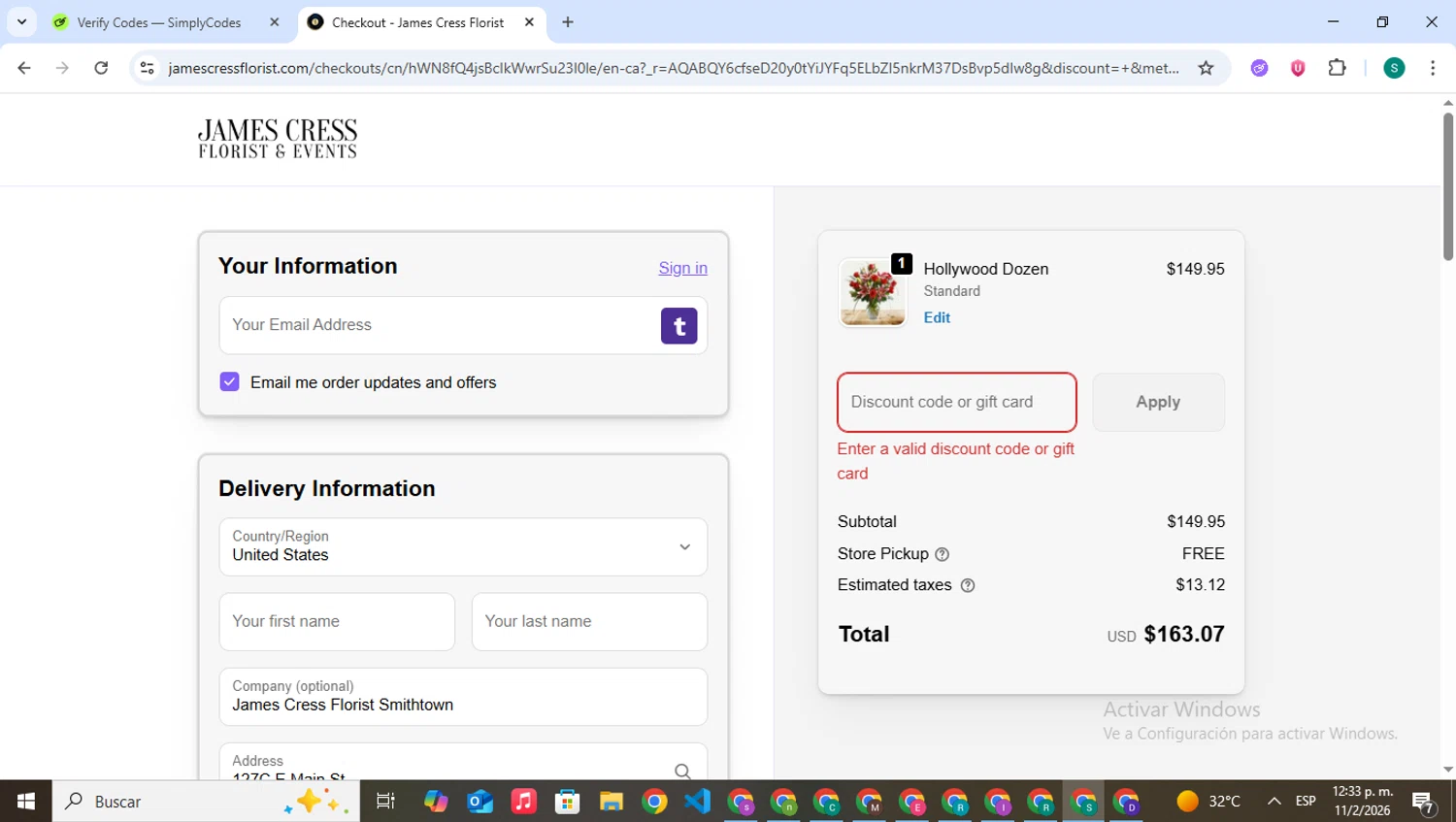 James Cress Florist discount code screenshot showing code NEW10 applied at James Cress Florist checkout page. Uploaded by SimplyCodes community member VictoriousPilot5281 on Feb 11, 2026