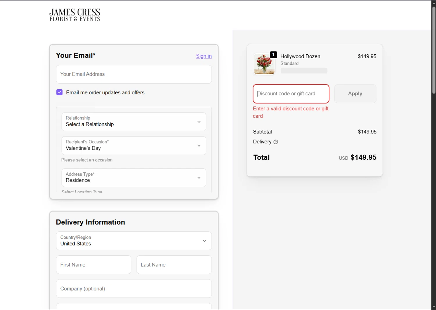 James Cress Florist discount code screenshot showing code NEW10 applied at James Cress Florist checkout page. Uploaded by SimplyCodes community member VoucherFinder3467 on Feb 13, 2026