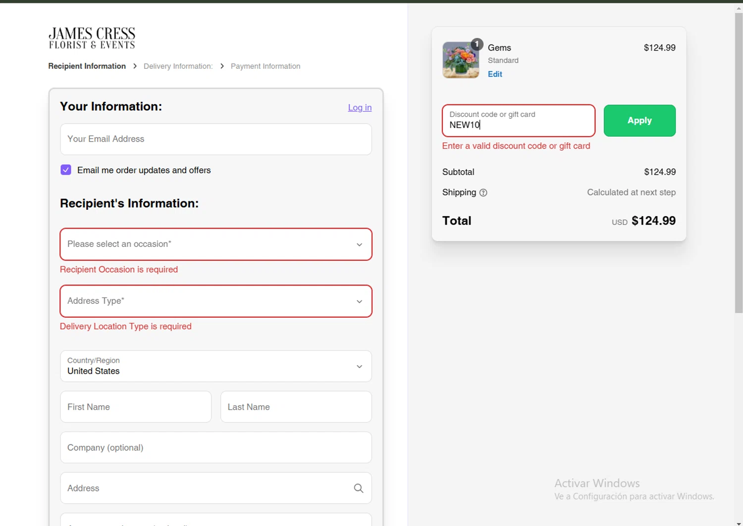 James Cress Florist discount code screenshot showing code NEW10 applied at James Cress Florist checkout page. Uploaded by SimplyCodes community member RoyalVirtuoso4479 on Feb 26, 2025