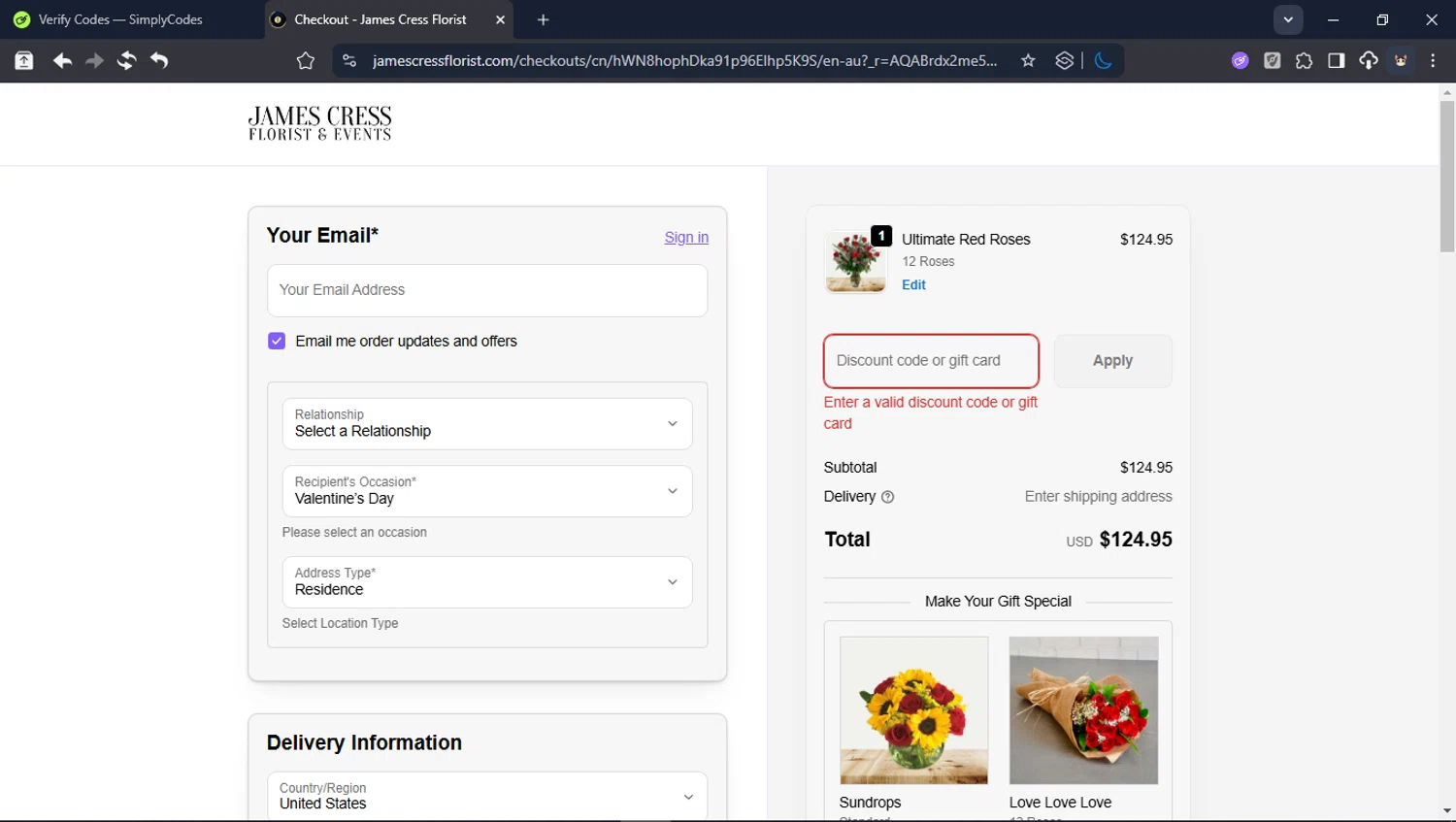 James Cress Florist discount code screenshot showing code HOLLY25 applied at James Cress Florist checkout page. Uploaded by SimplyCodes community member Userr2 on Feb 12, 2026