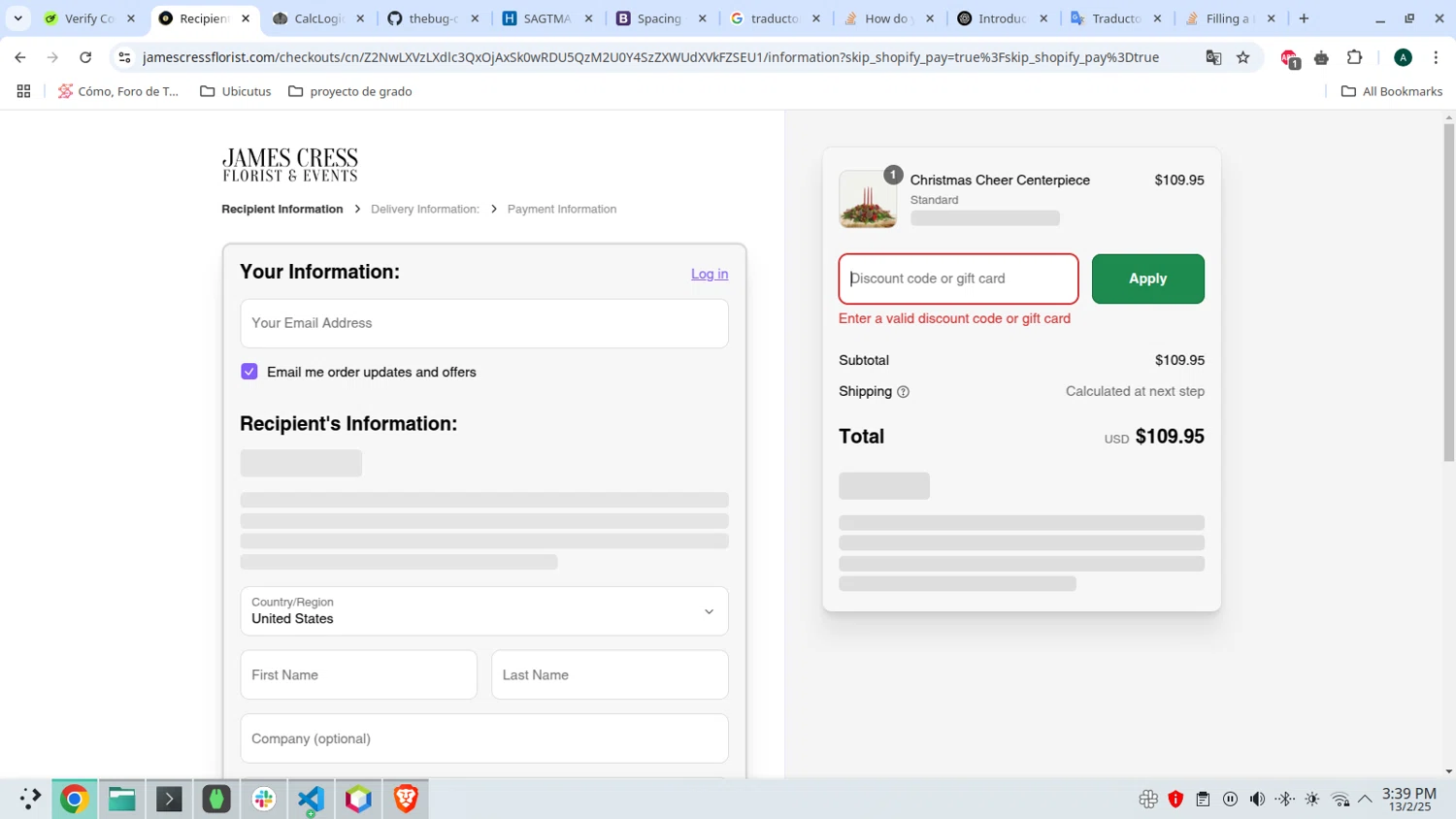 James Cress Florist discount code screenshot showing code HOLLY25 applied at James Cress Florist checkout page. Uploaded by SimplyCodes community member admeneses on Feb 13, 2025
