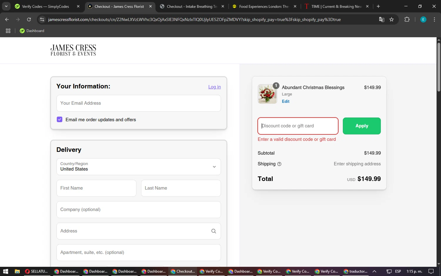 James Cress Florist discount code screenshot showing code HOLLY25 applied at James Cress Florist checkout page. Uploaded by SimplyCodes community member MightyFox1680 on Mar 25, 2025