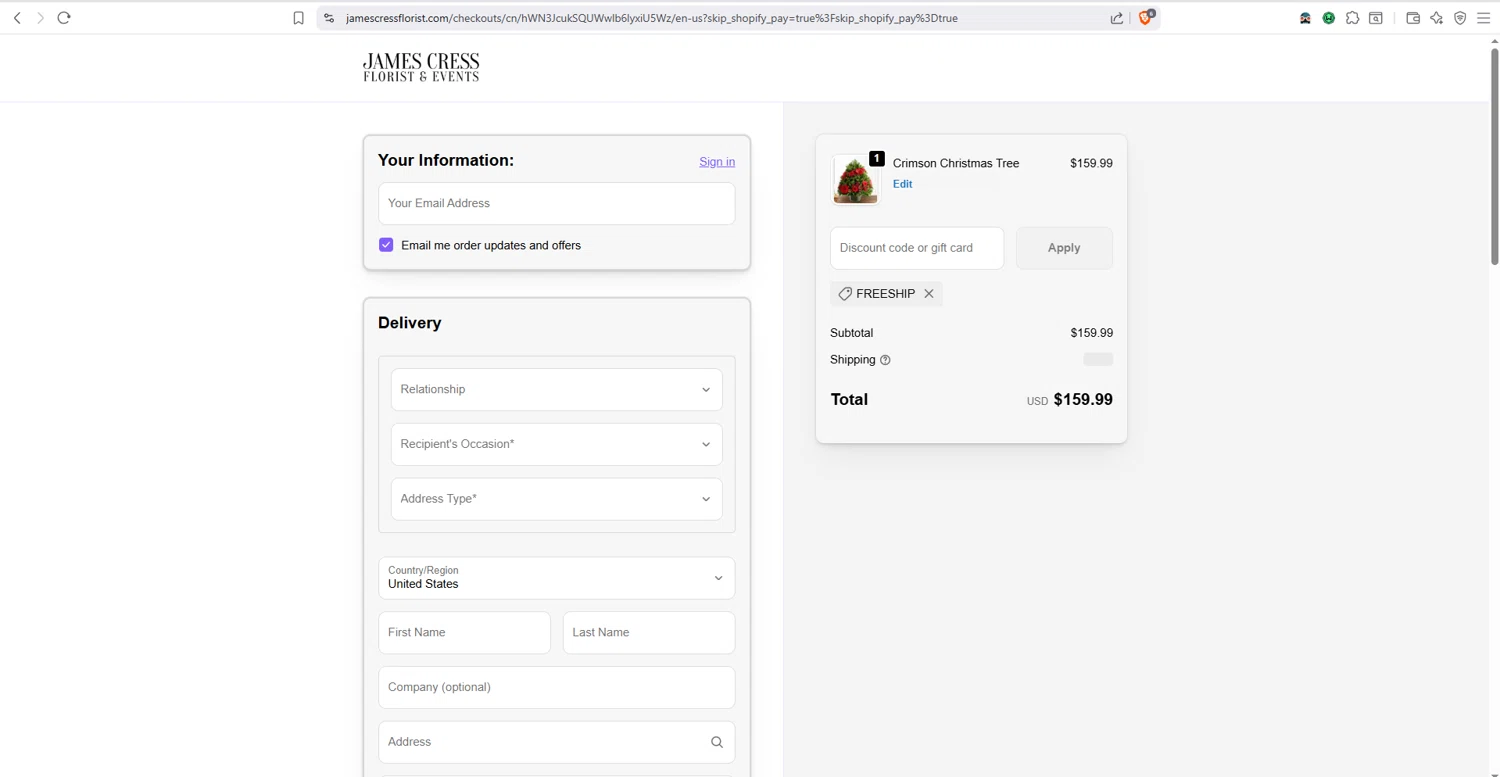 James Cress Florist discount code screenshot showing code FREESHIP applied at James Cress Florist checkout page. Uploaded by SimplyCodes community member dayselis15 on Sep 23, 2025