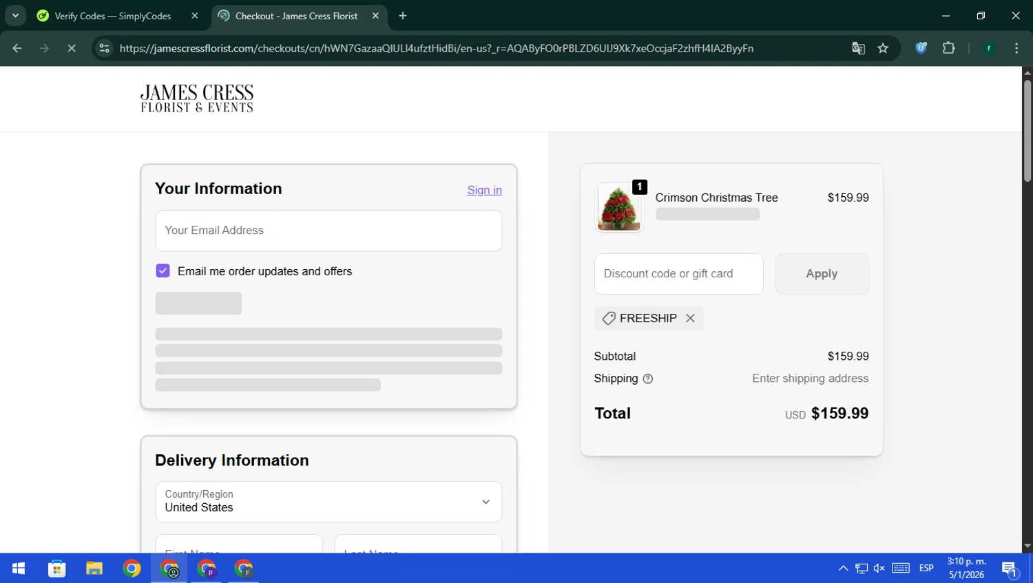 James Cress Florist discount code screenshot showing code FREESHIP applied at James Cress Florist checkout page. Uploaded by SimplyCodes community member rodri1 on Jan 5, 2026