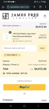 WELCOME15 coupon verification screenshot