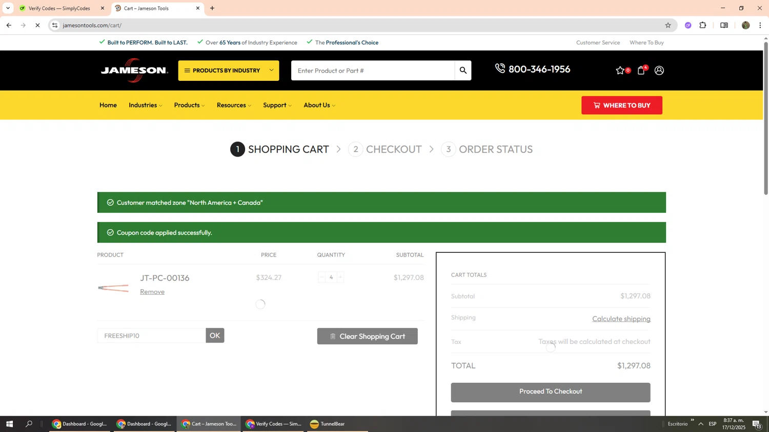 Jameson Tools promo code screenshot showing code FREESHIP10 applied at Jameson Tools checkout page. Uploaded by SimplyCodes community member Phoenix585 on Dec 17, 2025